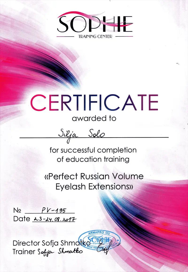 SOPHIE koolituskeskuse sertifikaat, väljastatud Silja Solole edukalt läbitud koolituse 'Perfect Russian Volume Eyelash Extensions' eest, sertifikaadi number PV-195, kuupäevaga 23.-24.09.2017, direktor Sofija Shmatko, koolitaja Sofja Shmatko.